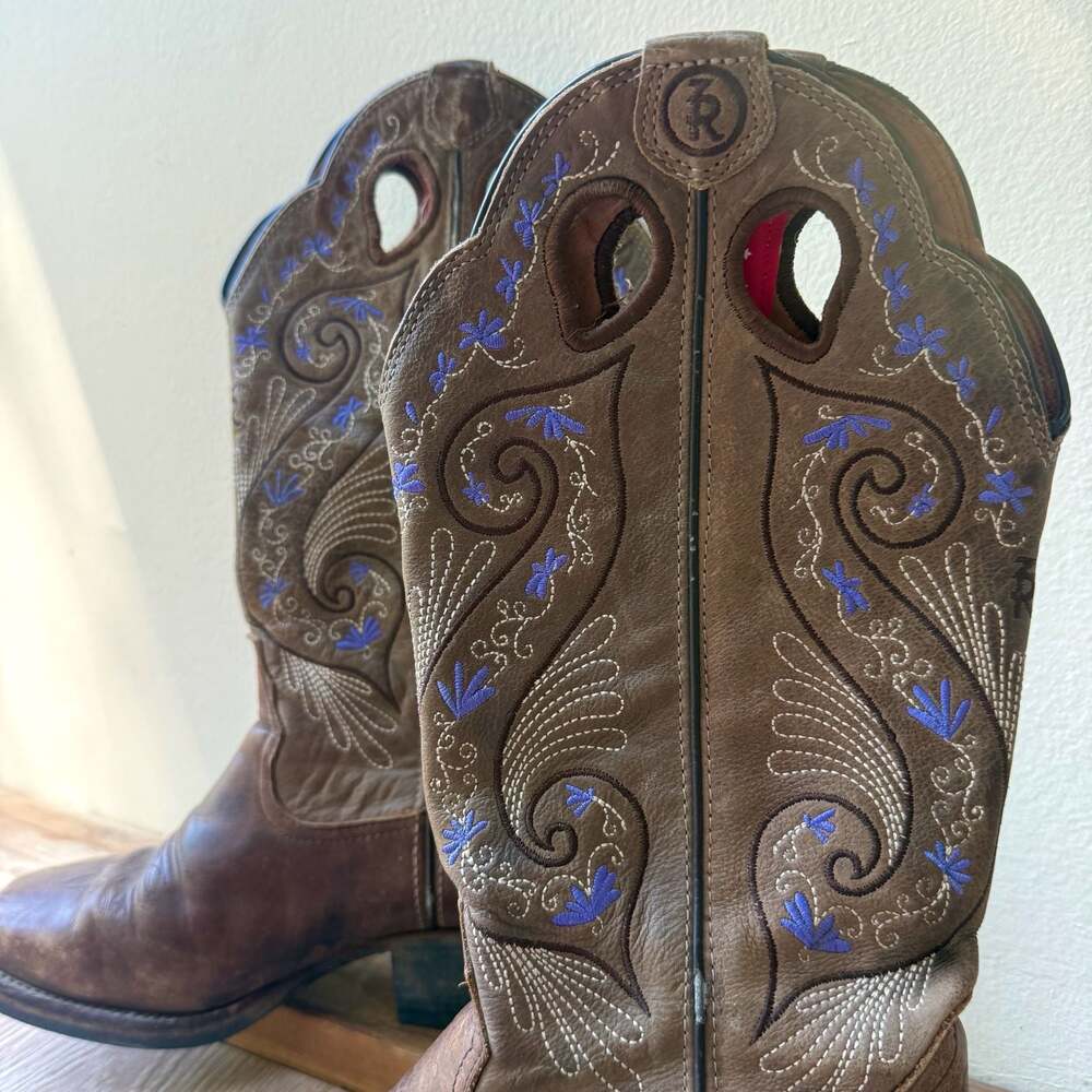 Tony Lama Brown Leather Western Cowboy Boots with Purple Floral Embroidery